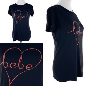Bebe Red Glitter Heart Black Short Sleeve Round Neck Plus Size 1X Tee Shirt NWT